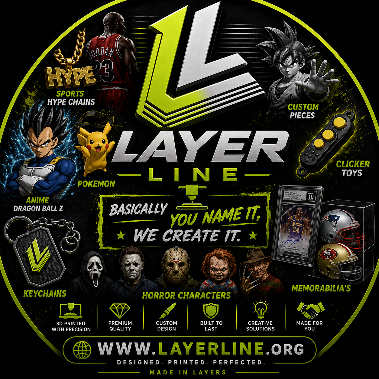 LayerLine custom work including keychains, collectibles, sports, anime, and horror inspired pieces